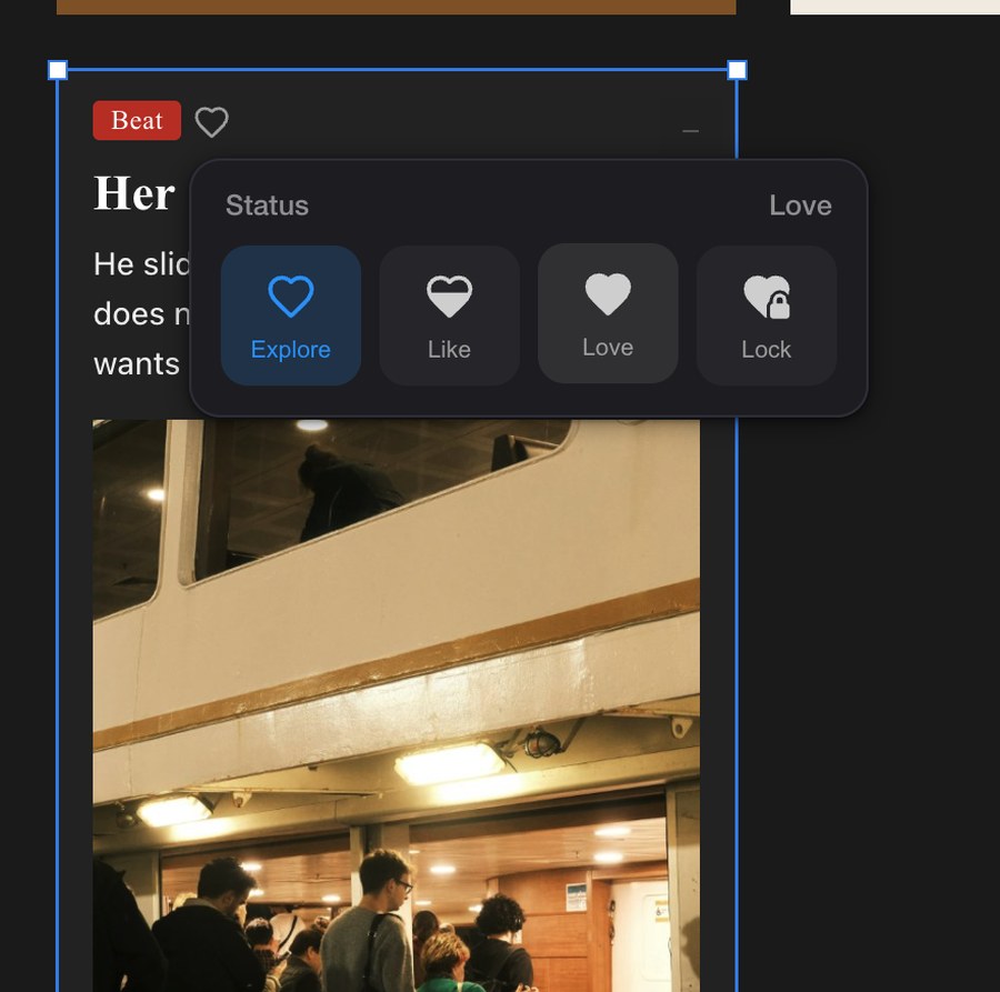 The status panel on a Stowsky card: Explore, Like, Love and Lock