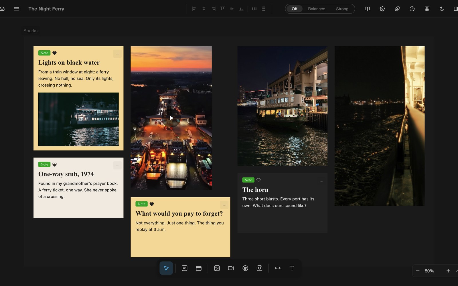 Sparks on the Stowsky canvas — photos, an Instagram reel and notes — above the toolbar for adding photos, video, Spotify and Instagram